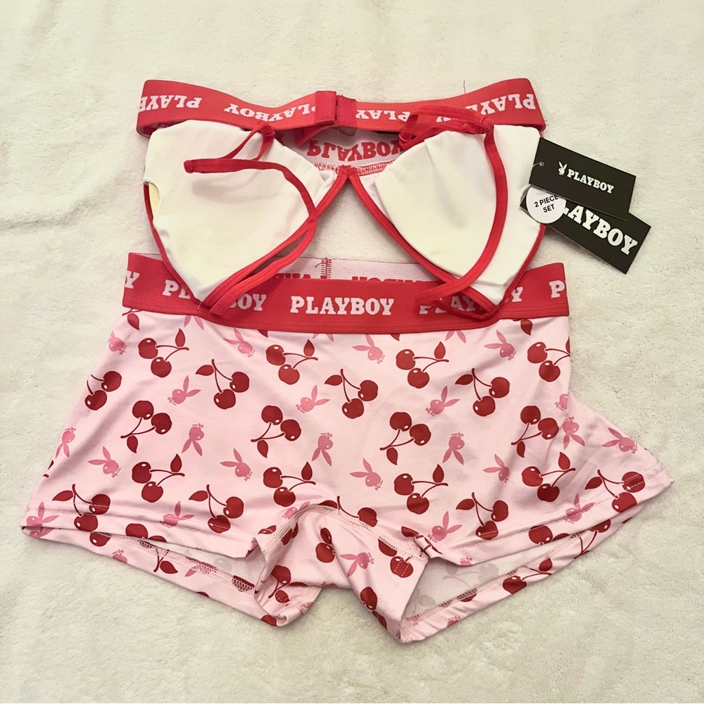 Playboy Bralette & Boyshort Set | Pink Cherry Print | Logo Elastic | Sz S - NWT - Picture 2 of 4